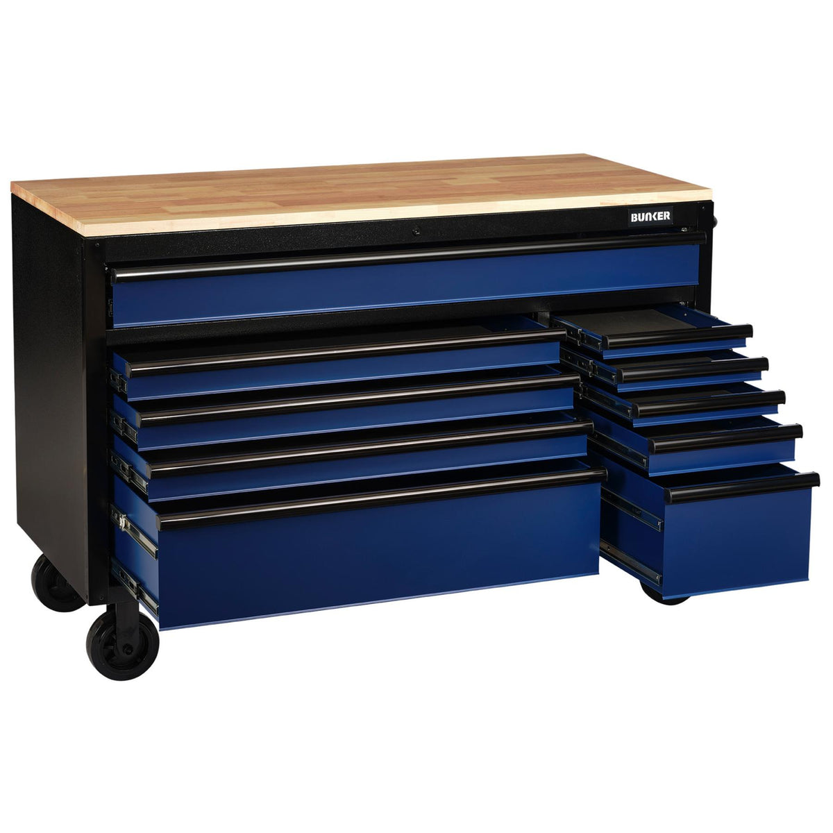 BUNKER Profi Werkbank 56 Zoll, 155 cm - Blau - Werkbank mit Schubladen - 10 - Werkbank mit Rollen - D08237
