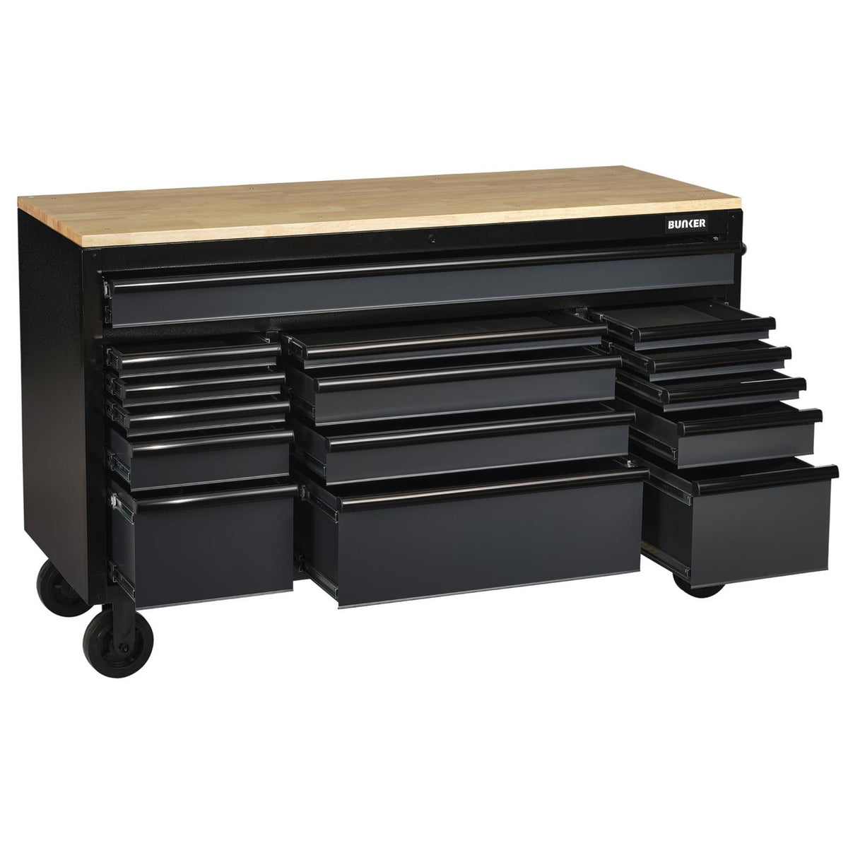 BUNKER Profi Werkbank 61 Zoll (155 cm) Grau - Werkbank mit Rollen - Werkbank mit Schubladen 15 - D08238