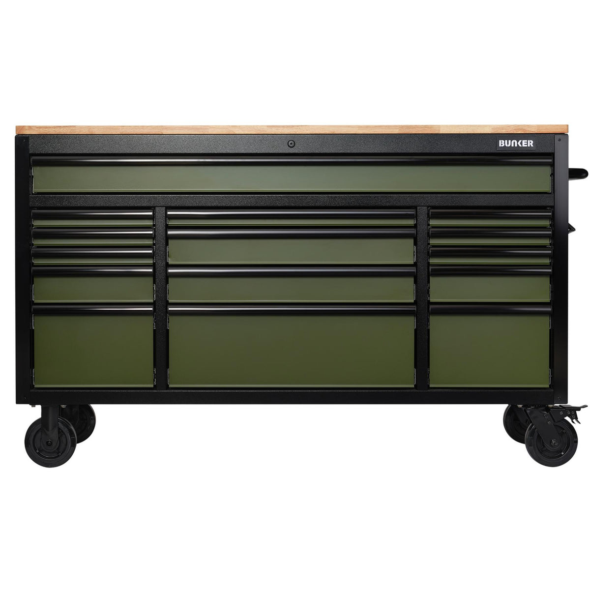 BUNKER Profi Werkbank mit Schubladen 61 Zoll, 155 cm - Grün - Werkbank mit Rollen - 15 Schubladen - D10368
