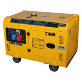 A yellow portable generator with a "Silent" label, featuring four wheels, multiple power outlets, and a control panel with gauges and switches, designed for quiet operation and labeled with "UltraPower" and "AVR CE" certifications.
