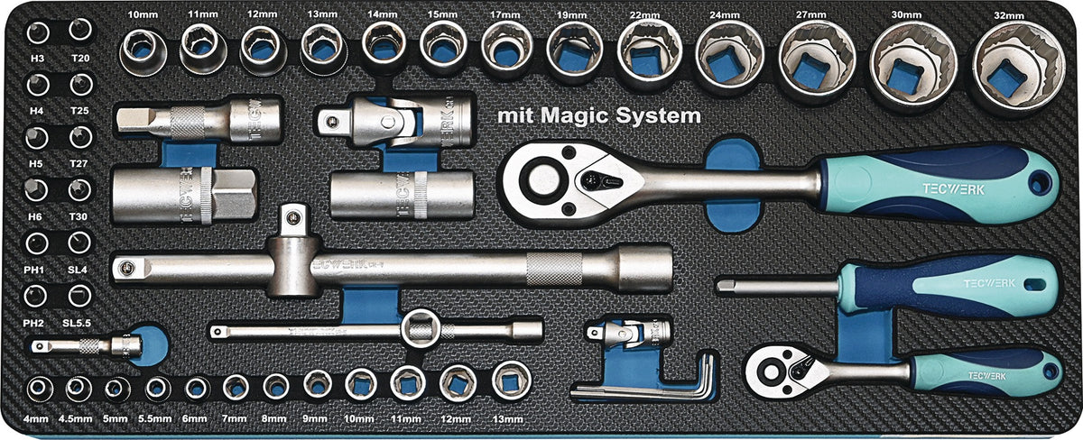 TECWERK Steckschlüsselsatz 55-teilig 1/4+1/2 Zoll SW 4-32 mm mit MAGIC Technologie
