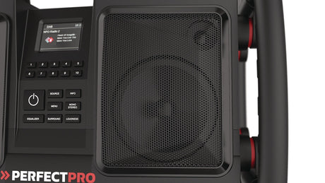 PERFECTPRO Baustellenradio ROCKBULL 11,1 V 230 V – DAB+, Bluetooth, IP65, 2x25 Watt