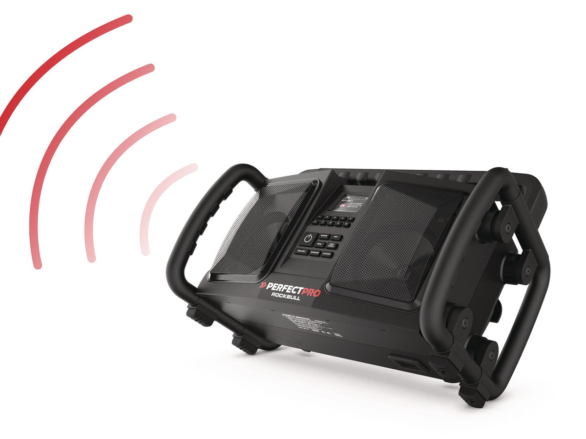 PERFECTPRO Baustellenradio ROCKBULL 11,1 V 230 V – DAB+, Bluetooth, IP65, 2x25 Watt