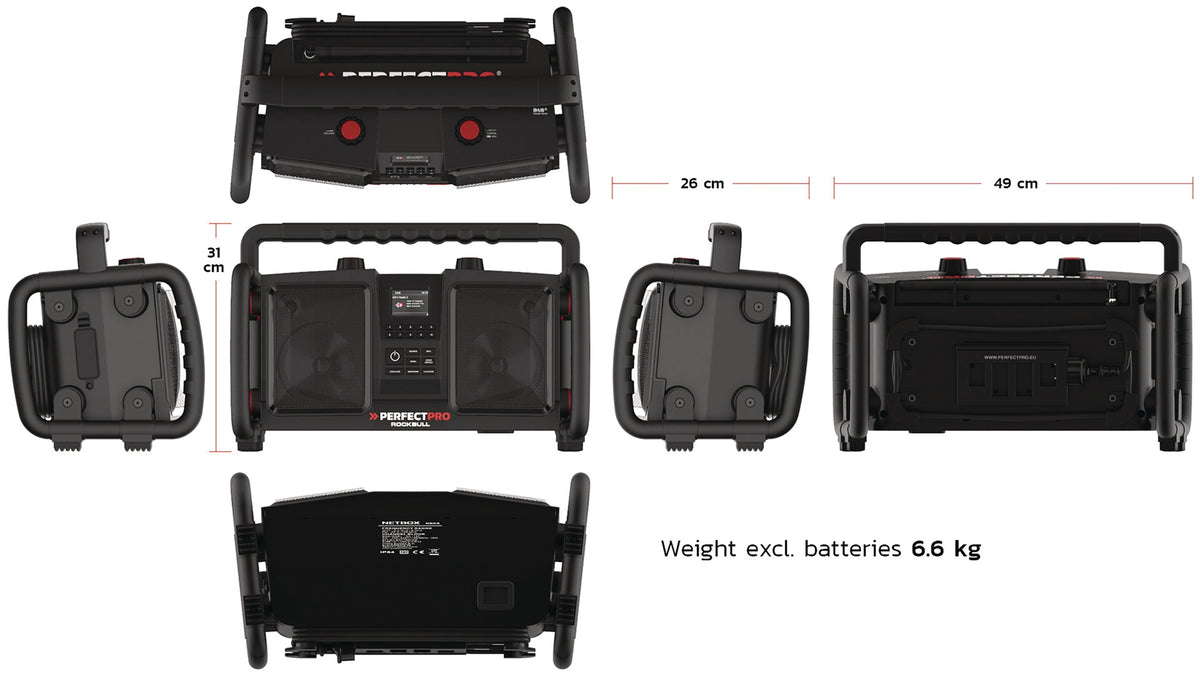 PERFECTPRO Baustellenradio ROCKBULL 11,1 V 230 V – DAB+, Bluetooth, IP65, 2x25 Watt
