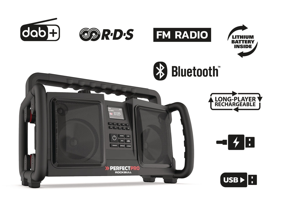 PERFECTPRO Baustellenradio ROCKBULL 11,1 V 230 V – DAB+, Bluetooth, IP65, 2x25 Watt