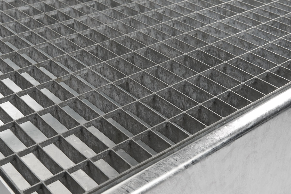 PROMAT Auffangwanne 215 l Stahlblech enzianblau mit Gitterrost – 1200 x 800 x 360 mm
