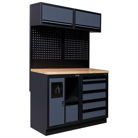 Bullram Werkstatteinrichtung 1 – Kompaktes Werkstattmodul with robust solid wood worktop, integrated sink, paper holder, and waste bin, offering organized storage and workspace, featured on toprools.com.
