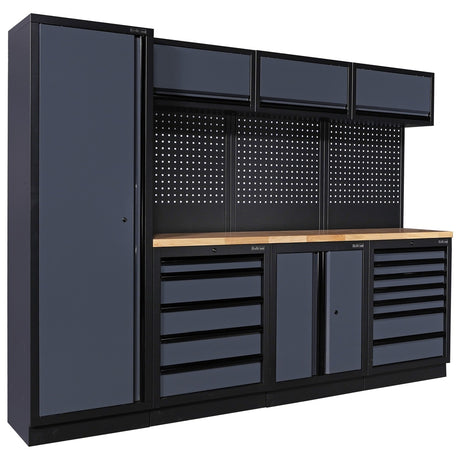 Professional workshop cabinet system with pegboard tool wall, drawers, storage cabinets and wooden worktop for garage organization, available at toprools.com