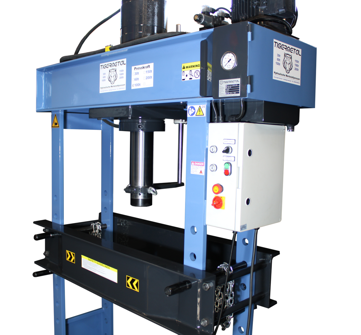Tigermetal Hydraulische Werkstattpresse 30 Tonnen Automatik – Serienpressung mit Fußsteuerung, Endanschlägen - TMWH30A