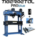 Tigermetal PROblue Set Hydraulische Werkstattpresse 30 Tonnen TMWH30K mit Handrad, Hydrauliköl, Massive Auflageplatte, 1 Paar Prismenblöcke - TM00000