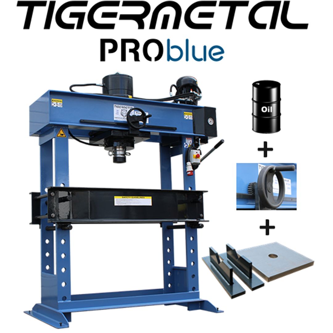 Tigermetal PROblue Set Hydraulische Werkstattpresse 60 Tonnen TMWH60K mit Handrad, Hydrauliköl, Massive Auflageplatte, 1 Paar Prismenblöcke - TM00001