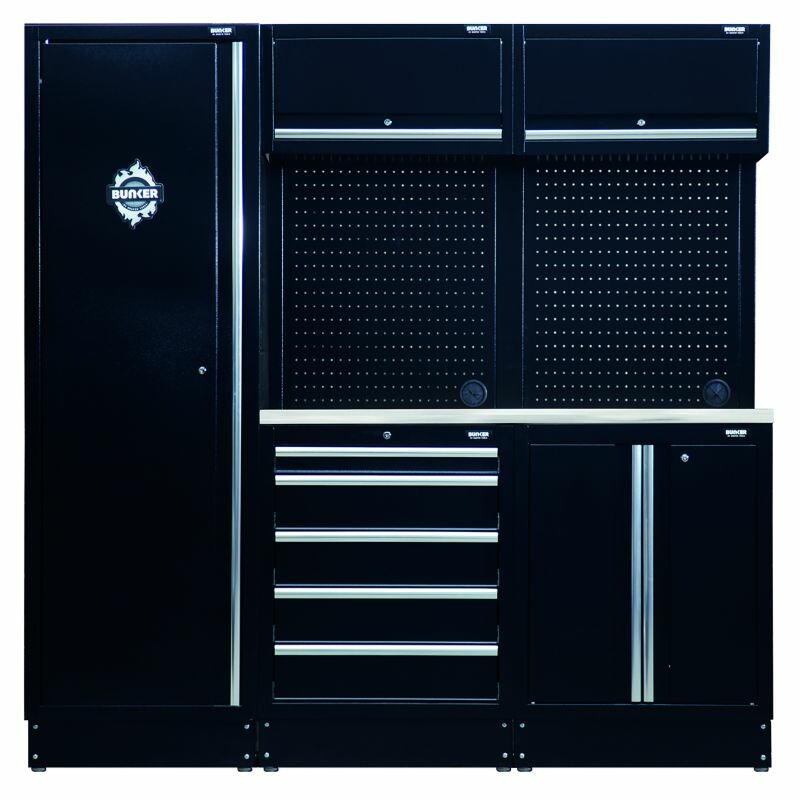 BUNKER 196cm Modulare Werkstatteinrichtung Werkbank mit Edelstahl-Arbeitsplatte - 11-teilig - D04503