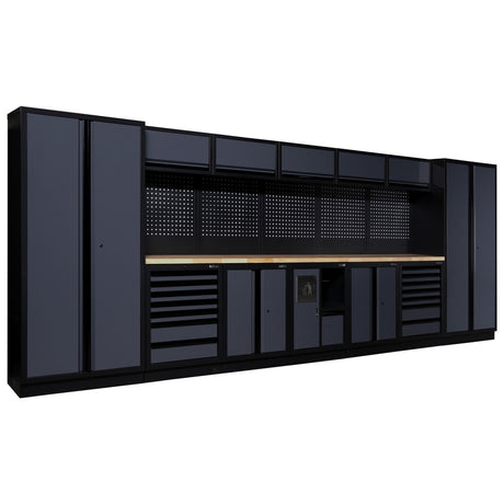 toprools.com professional workshop cabinet system with storage cupboards, tool drawers, pegboards, and workbench for garage organization.